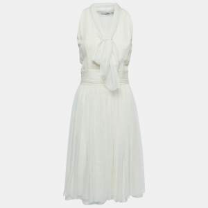 Dior Cream Silk Neck Tie Detail Gathered Sleeveless Short Dress M