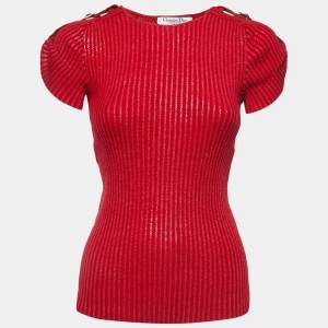 Christian Dior Boutique Red Ribbed Knit Belt Detail Top S