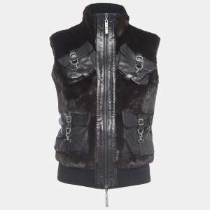 Christian Dior Boutique Black Fur and Leather Sleeveless Zipper Jacket M