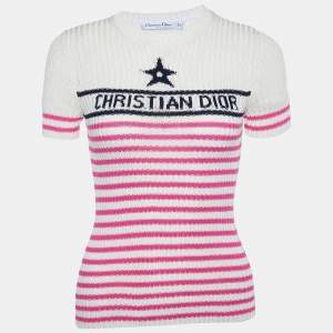 Dior Ivory Logo Striped Cotton Knit Crew Neck Jumper S
