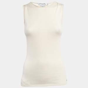 Christian Dior Cream Cashmere Rib Knit Raw Edge Neck Tank Top M