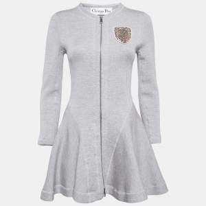 Christian Dior Grey Wool Crest Embellished Zip Front Flared Dress M