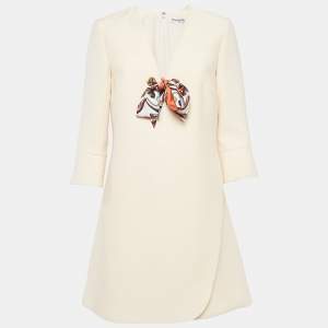 Christian Dior Cream Wool Blend Tie-Up Detail Flared Sleeve Mini Dress M