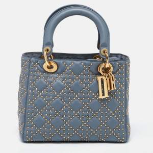 Pre Owned Dior Grey Leather Medium Studded Supple Lady Dior Tote