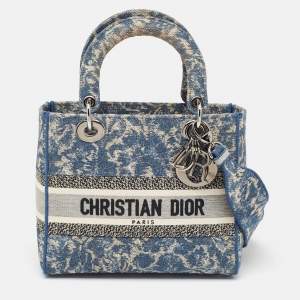 Dior Blue Embroidered Canvas Medium Lady D-Lite Tote