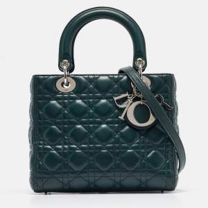 Dior Green Cannage Leather Medium Lady Dior Tote