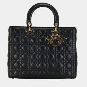 Dior Black Leather Large Lady Dior Top Handle Bags