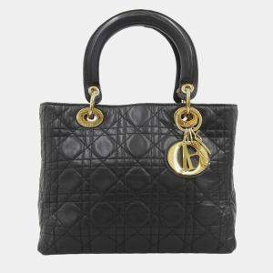 Dior Black Leather Medium Lady Dior Top Handle Bags