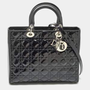 Pre Owned Dior Black Cannage Patent Leather Large Lady Dior Tote