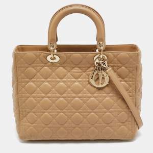Pre Owned Dior Beige Cannage Leather Large Lady Dior Tote