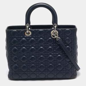Pre Owned Dior Navy Blue Cannage Leather Large Lady Dior Tote