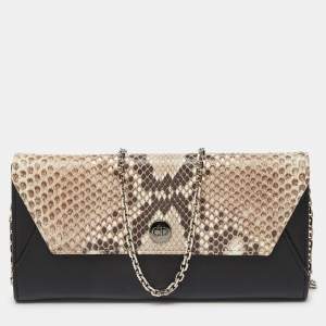 Pre Owned Dior Black/Beige Leather and Python Addict Rendez-Vous Wallet on Chain