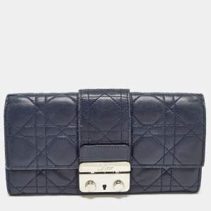 Pre Owned Dior Navy Blue Cannage Quilted Leather New Lock Wallet on Chain