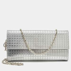 Pre Owned Dior Silver Microcannage Patent Leather Lady Dior Croisiere Wallet on Chain