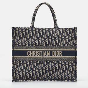 Dior Navy Blue Oblique Embroidered Canvas Large Book Tote