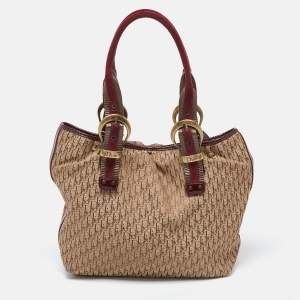 Pre Owned Dior Beige/Maroon Oblique Canvas,Suede and Patent Leather Tote