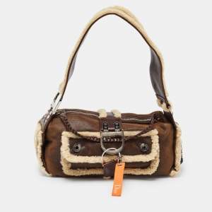 Pre Owned Dior Brown/Beige Suede and Shearling Flight Shoulder Bag