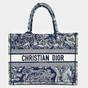 Christian Dior Ecru/Navy Embroidered Canvas Medium Book Tote Bag