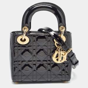 Dior Black Cannage Patent Leather Mini Lady Dior Tote