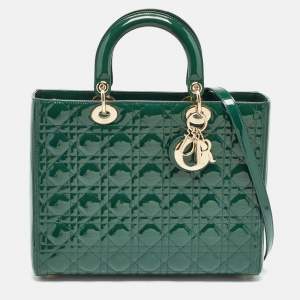 Pre Owned Dior Green Cannage Patent Leather Large Lady Dior Tote