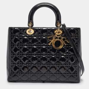 Pre Owned Dior Black Cannage Patent Leather Large Lady Dior Tote