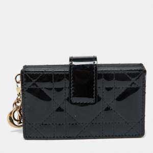 Pre Owned Dior Black Cannage Patent Leather Lady Dior 5 Gusset Card Holder