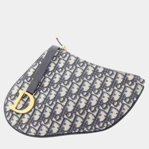 Dior Blue Oblique Canvas Saddle Zip Clutch Bag