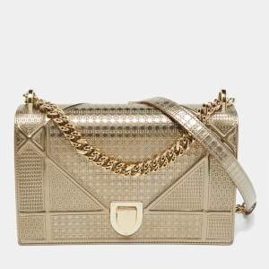 Pre Owned Dior Gold Microcannage Patent Leather Medium Diorama Flap Shoulder Bag