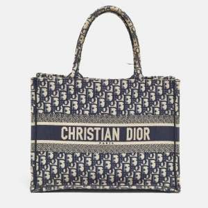 Dior Navy Blue Oblique Embroidered Canvas Medium Book Tote