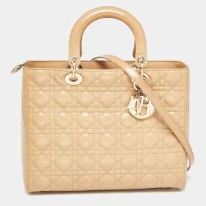 Dior Beige Cannage Patent Leather Large Lady Dior Tote