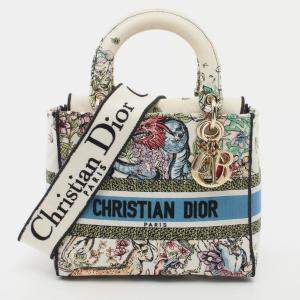 Dior White Canvas Medium Latte Multicolor D-Constellation Lady D-Lite Tote Bag