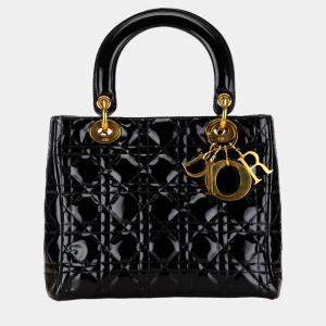 Pre Owned Dior Black Medium Patent Cannage Lady Dior
