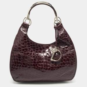 Pre Owned Dior Purple Croc Embossed Patent Leather 61 Tote
