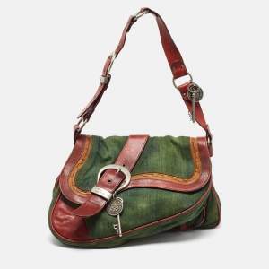 Pre Owned Dior Green Canvas nad Leather Large Gaucho Double Saddle Bag