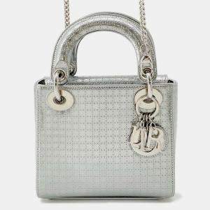 Dior Silver Patent Leather Microcannage Lady Dior Mini Top Handle Bag