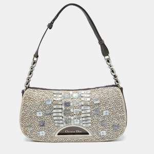 Pre Owned Dior Beige/Purple Calfhair and Bead Embellished Limited Edition 498/880 Malice Shoulder Bag