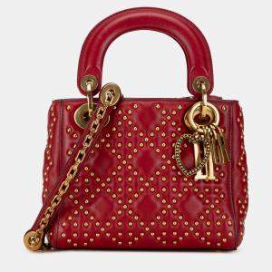 Dior Red Lambskin Leather Mini Studded Lady Dior Tote Bag