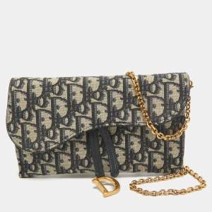 Dior Navy Blue Oblique Canvas and Leather Saddle Wallet on Chain