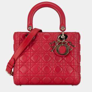 Dior Red Lambskin Leather Medium Cannage Lady Dior Tote Bag