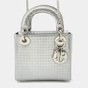 Dior Silver Leather Microcannage Mini Lady Dior Top Handle Bags