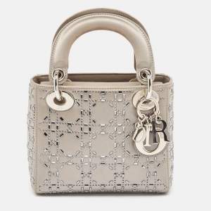 Dior Grey Cannage Embellished Satin Mini Lady Dior Tote