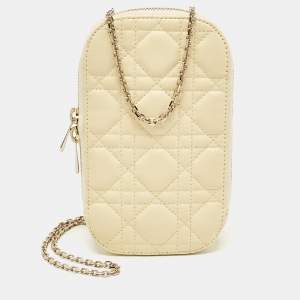 Pre Owned Dior Yellow Cannage Leather Lady Dior Phone Holder with Chain