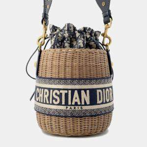 Dior Blue Canvas and Wicker Drawstring Bucket Bag