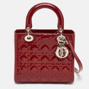 Pre Owned Dior Red Cannage Patent Leather Medium Lady Dior Tote