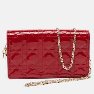 Dior Red Cannage Patent Leather Lady Dior Chain Clutch