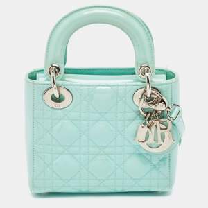 Dior Mint Blue Cannage Patent Leather Mini Lady Dior Tote
