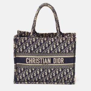 Dior Navy Blue Oblique Embroidered Canvas Medium Book Tote