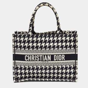 Dior Black/White Embroidered Macro Houndstooth Canvas Medium Book Tote