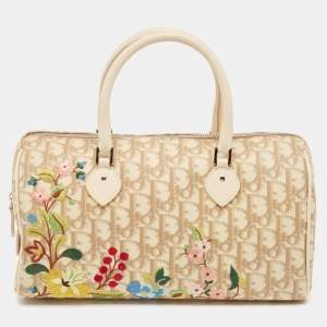 Dior Beige Diorissimo Coated Canvas Flower Embroidered Boston Bag