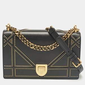 Dior Black Leather Medium Studded Diorama Flap Shoulder Bag